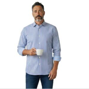 Luca Bruno Italy Men’s Dress Shirt XL 44 17 White Blue Stripe Flip Cuff Button